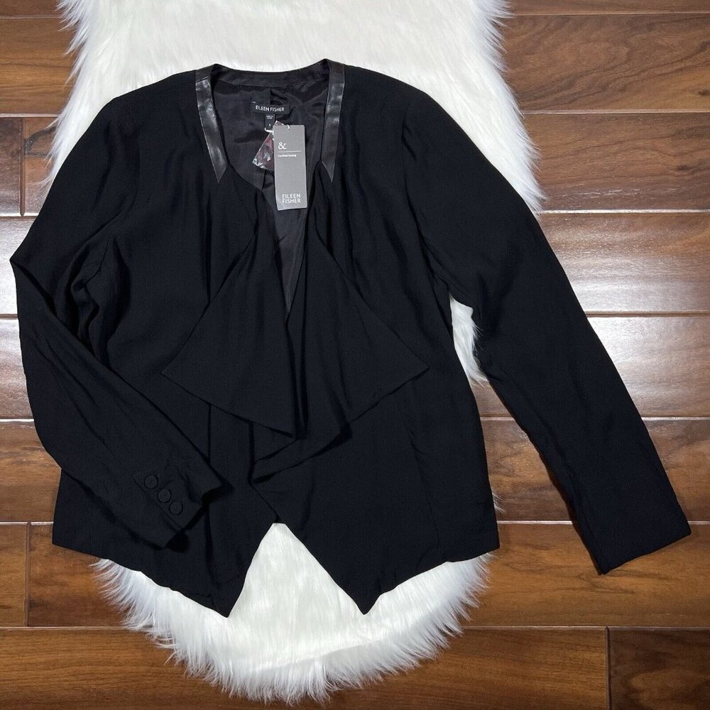Eileen Fisher Sz Small Black Open Front Georgette Silk Crepe Blazer Jacket *READ